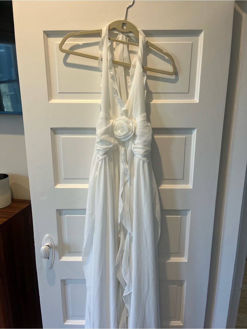 Stellouette, never worn. White Halter Maxi Dress with Floral Waist Accent